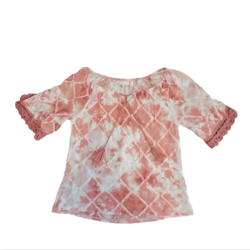 EC MAURICES BOHO PINK TIE DYE EMBROIDERED TRIM PEASANT TOP SZ.S